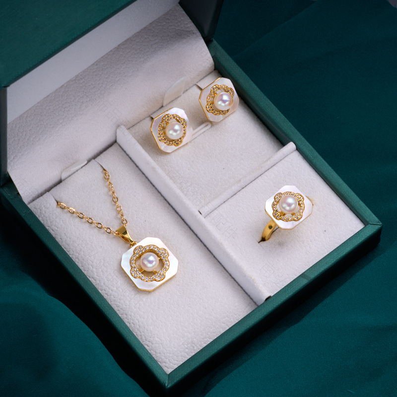 Pearl ring, earneedle pendant, three-piece set, empty stand, square, retro and fashionable design, DIY light luxury tulip details Picture