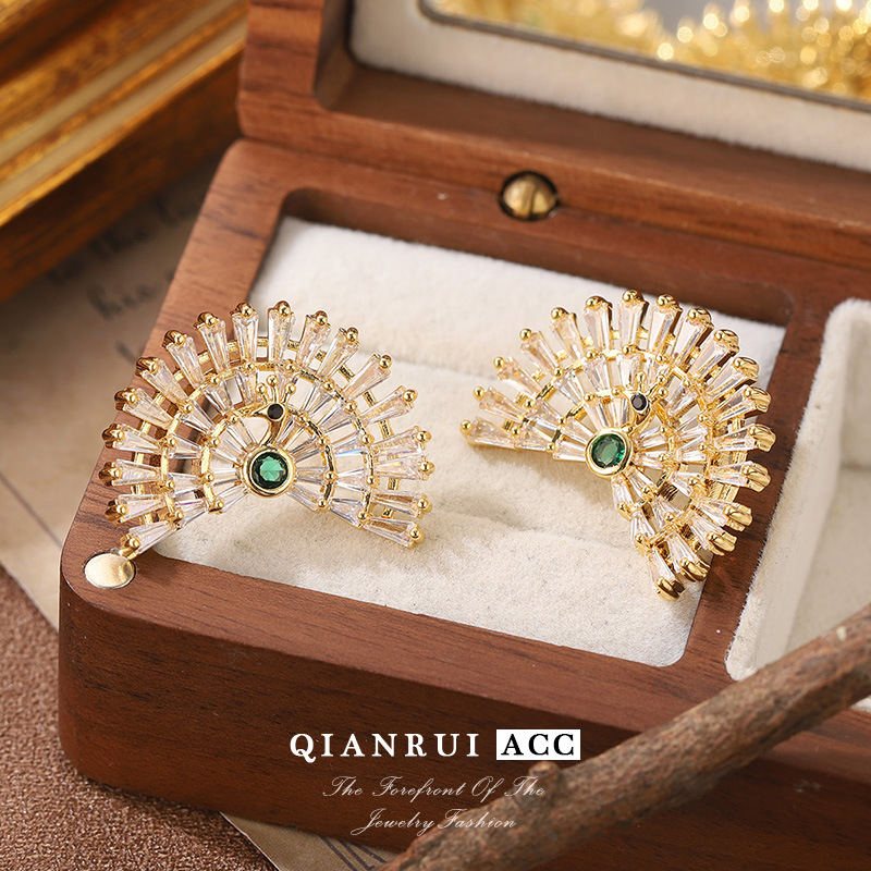 Wholesale of the new versatile Peacock Sping-out stud earrings with micro-inlaid zircon gold light luxury high-quality S925 silver needle stud earrings details Picture