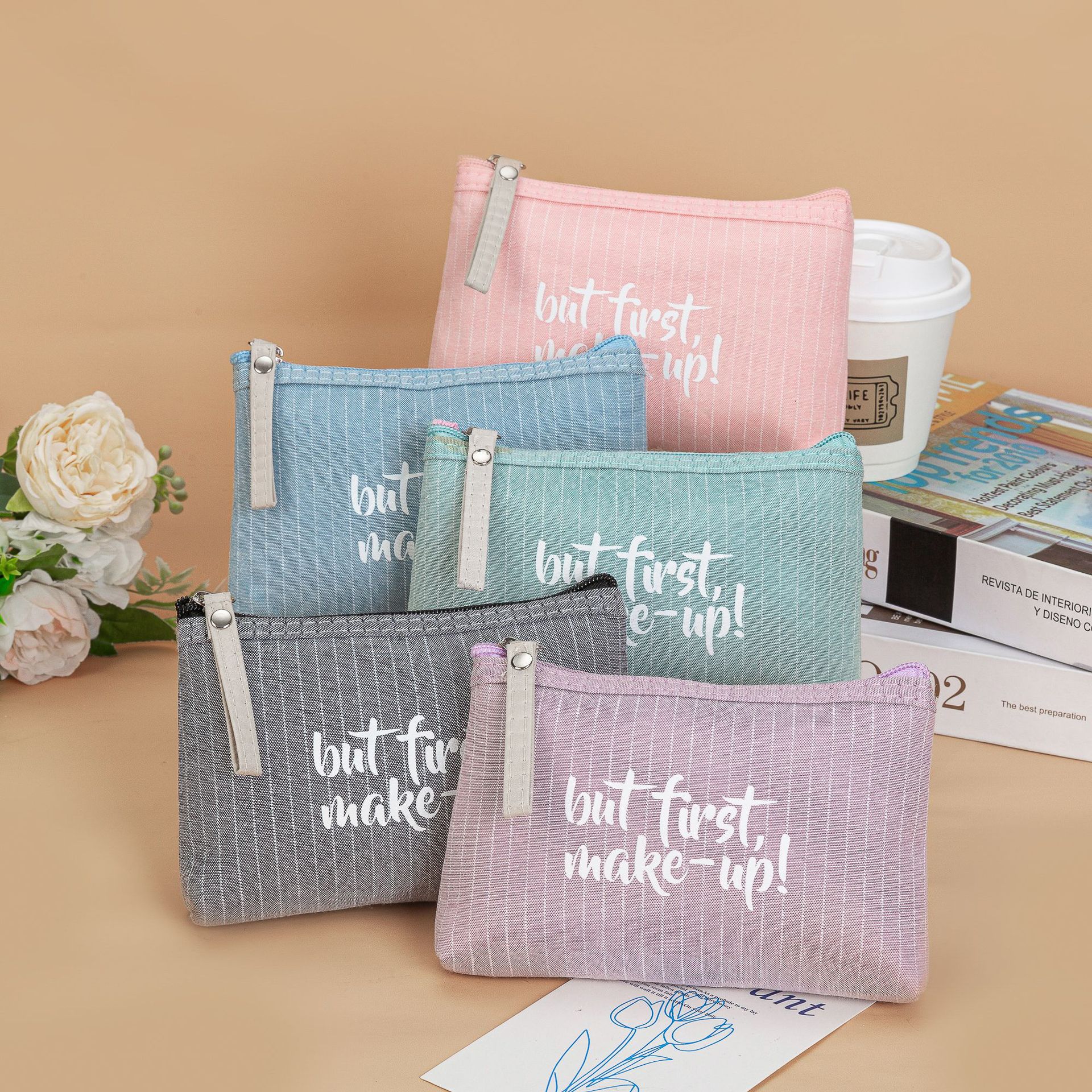 New portable English letter women's zipper makeup bag, travel toiletries storage bag and coin purse