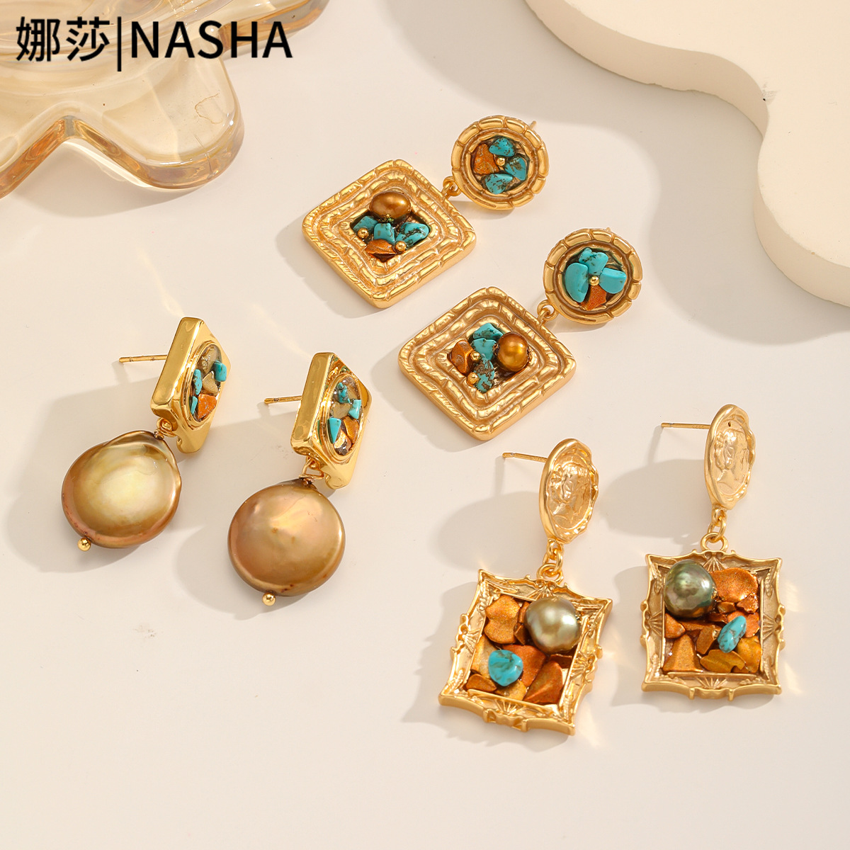 Nasha Cross-border Exclusive retro court-style earrings, light luxury and high-end color contrast s925 Silver needle Pearl Exquisite earrings