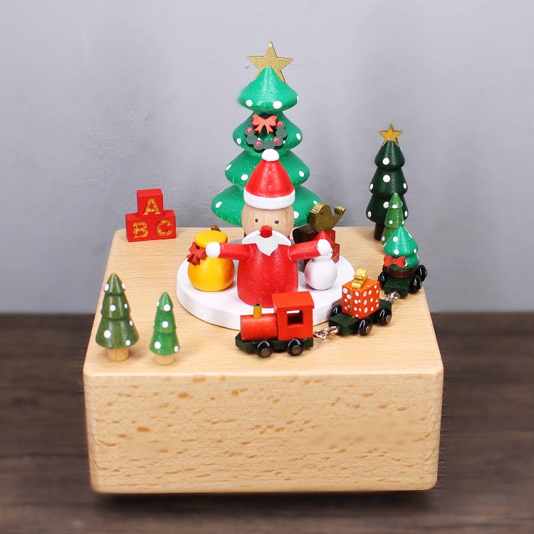 2025新款圣诞音乐盒木质工艺品创意圣诞节礼品圣诞快乐发条八音盒产品图