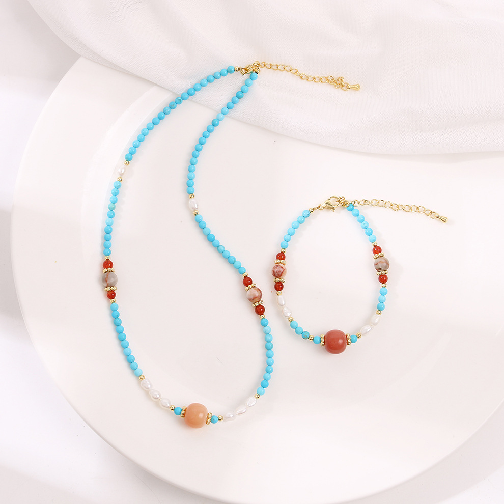 菩提红网络红玛瑙松石珍珠项链轻奢饰品小众百搭气质复古锁骨链