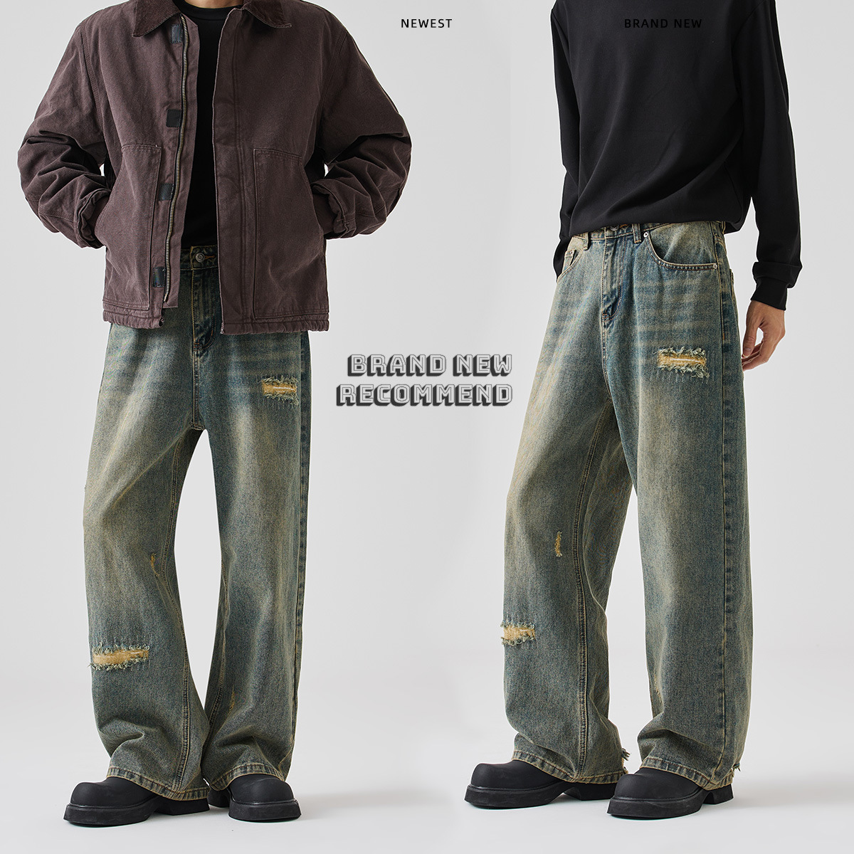 APO Men's Wear: High-end washed jeans for autumn and winter, trendy ripped Korean-style loose straight-leg casual pants details Picture