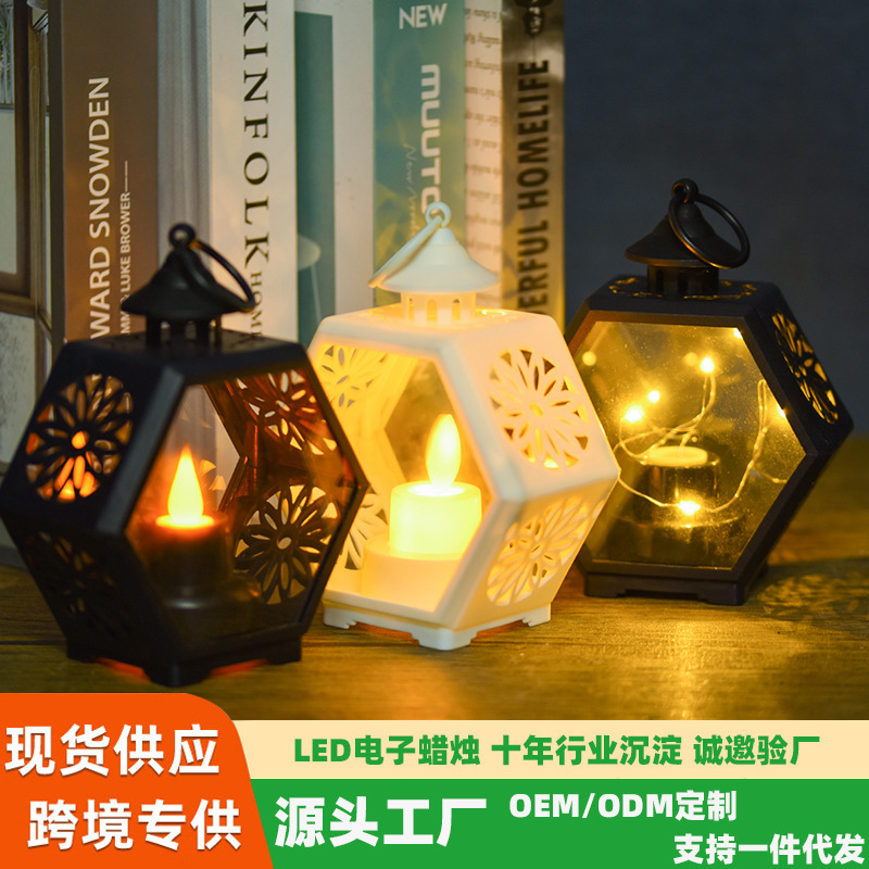 复古六边形风灯电子蜡烛灯装饰摆件手提风灯小夜灯氛围蜡烛灯