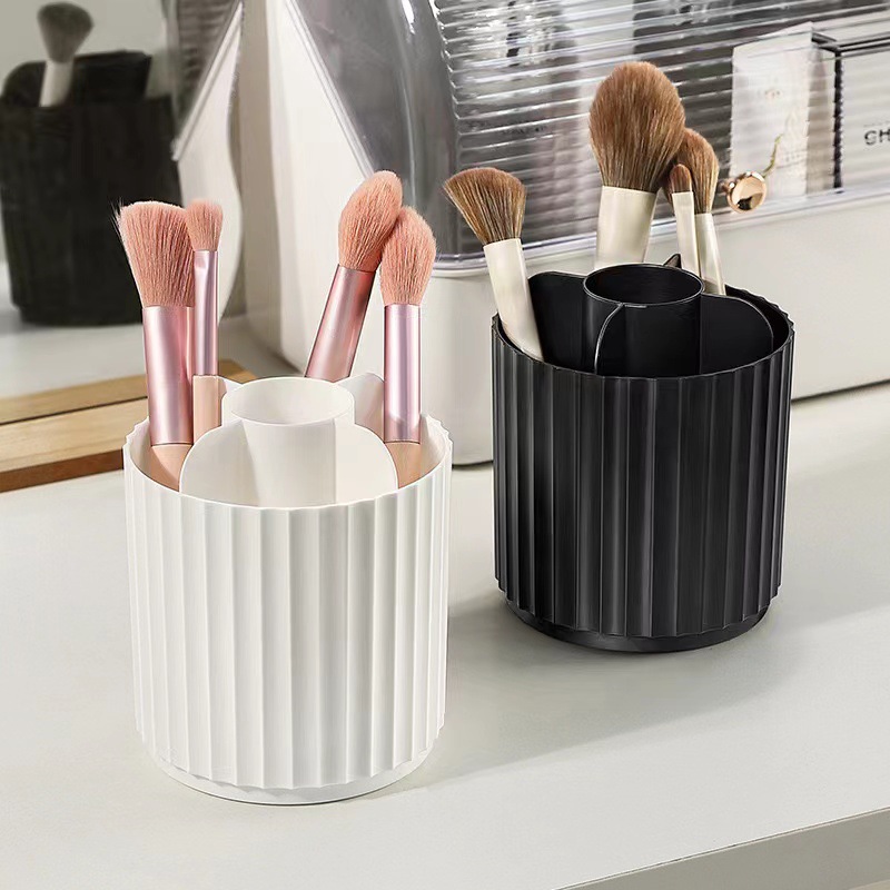 Vertical line makeup brush storage cylinder, rotating dust-proof desktop, lipstick loose powder, dressing table shelf, cosmetics storage box Specification image