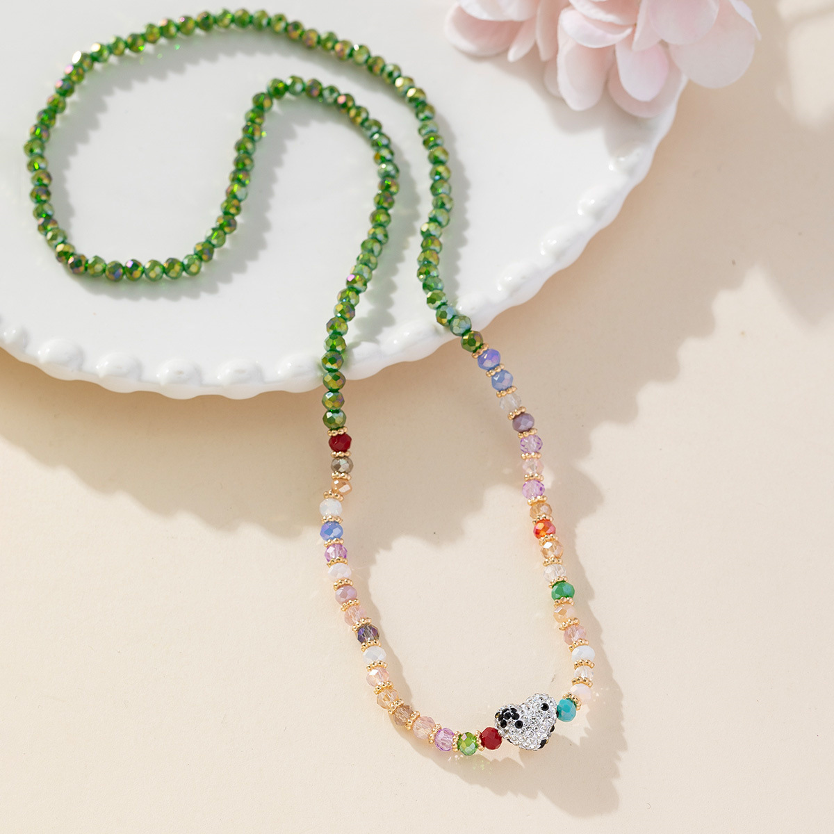 Heart-shaped soft clay diamond ball crystal necklace bracelet, dual-purpose women's niche design, light luxury beaded multi-purpose chain, versatile wholesale