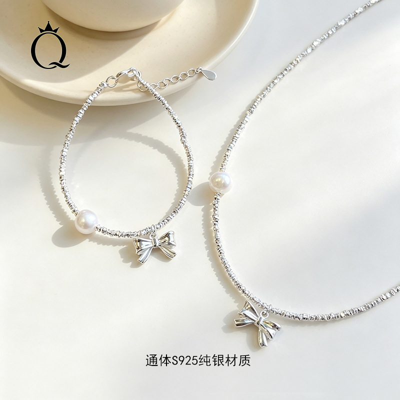 s925纯银碎银子珍珠项链女蝴蝶结吊坠锁骨链小众高级感绿方块项链