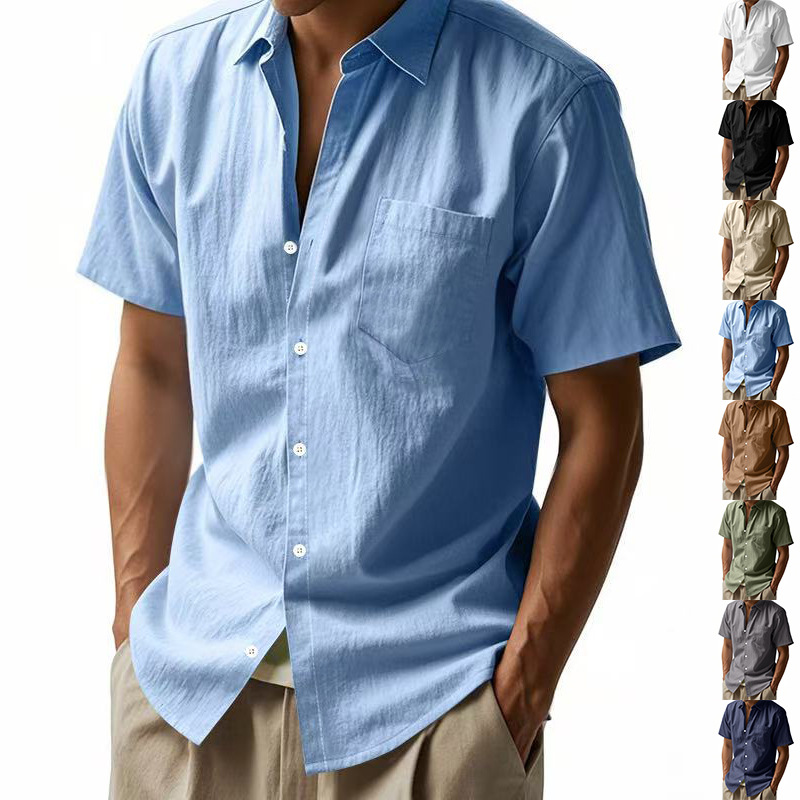 New solid-color linen shirt for men on cross-border Amazon, short-sleeved, lapel, loose and casual pocket American shirt for men in summer full figure