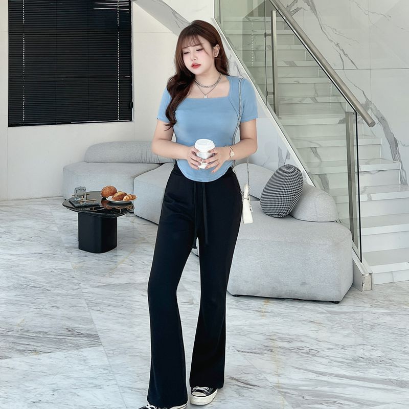 Runqi N8658 Extra-large leg slimming cut micro flared floor-length stretch Little black Pants wholesale large-sized women's long pants Specification image