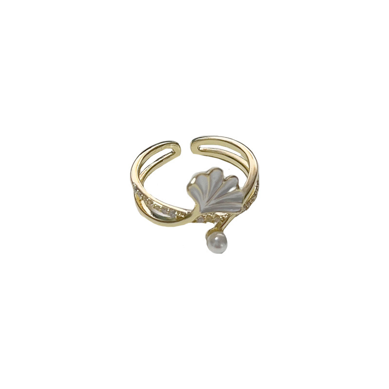 Light luxury micro-inset zircon ginkgo leaf pearl open-mouth ring, a popular and unique design sense index finger ring accessory wholesale Application Scenario