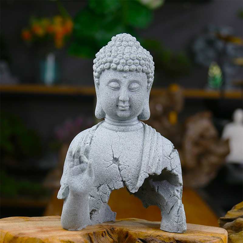 Chinese-style garden flower tea room Buddha statue decoration, Sakyamuni fish tank landscape arrangement, home entrance hall Buddha figurehead