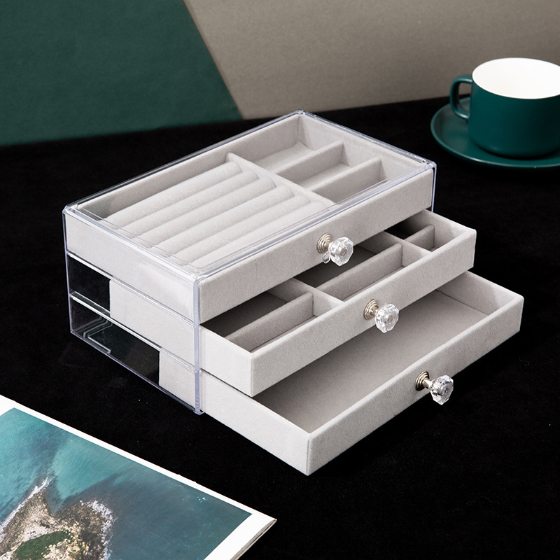 Three-layer jewelry storage box, transparent acrylic velvet checkered jewelry necklace, ring and bracelet storage and organization box details Picture