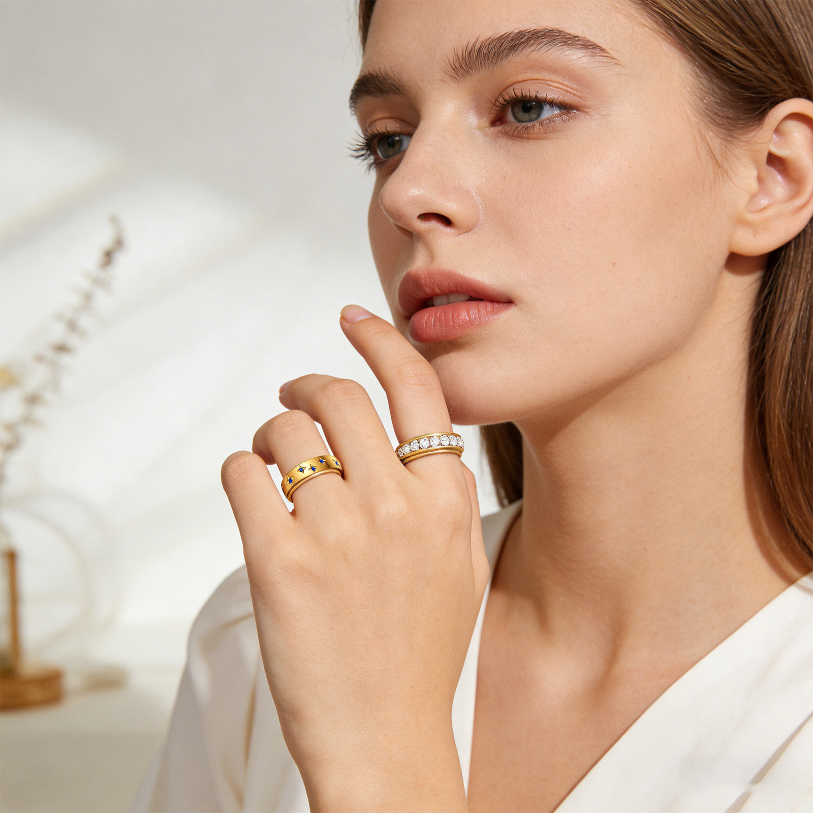 New cross-border Amazon women's diamond-encrusted stainless steel stress-relieving ring set, personalized and light luxury, multiple versatile ring sets Specification image