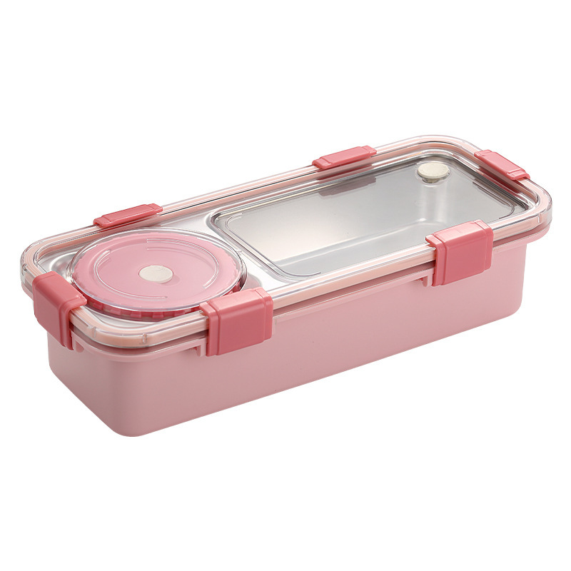 Sealed, buckled light food 304 stainless steel lunch box with two compartments, bowl and heating, portable lunch box for office workers Item Picture