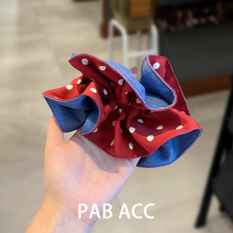 High-end AB side denim blue polka dot pleated fat intestine band double-layer hair binding three-dimensional durable leather band hair band purchased through a Korean agent Item Picture