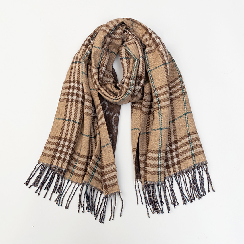 A new Korean version of the versatile CC jacquard style autumn and winter checkered double-sided warm faux cashmere tassel scarf for women Specification image