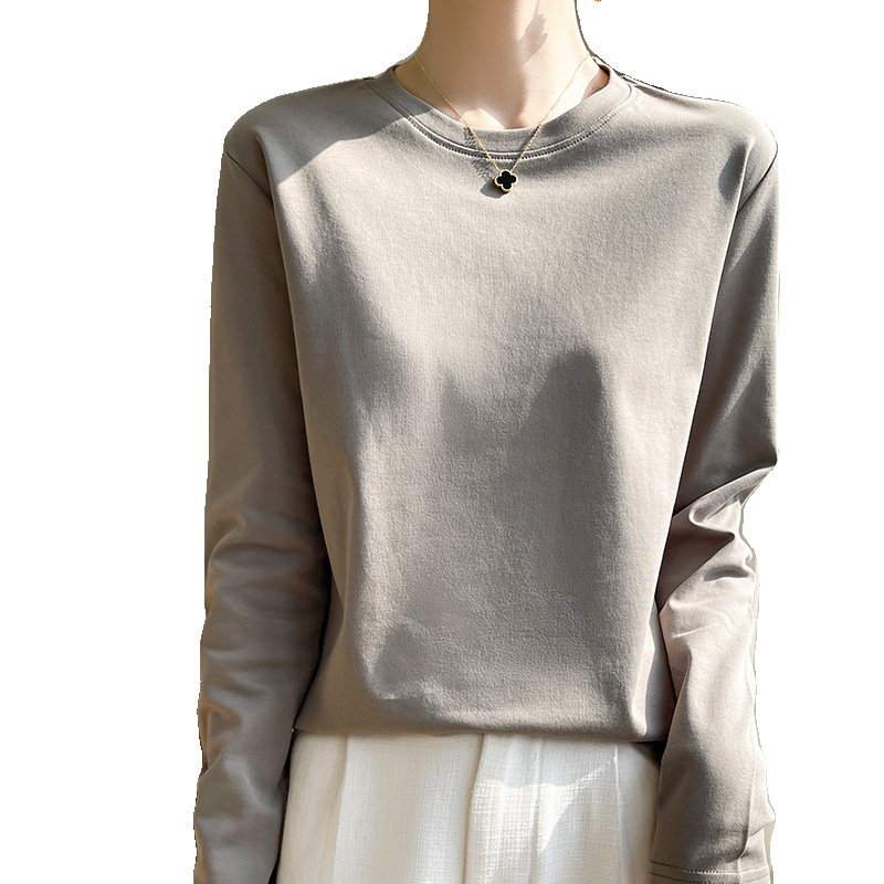 Spring and summer mercerized cotton long-sleeved T-shirt, women's round-neck pullover, pure cotton base layer, loose, casual and versatile top Item Picture