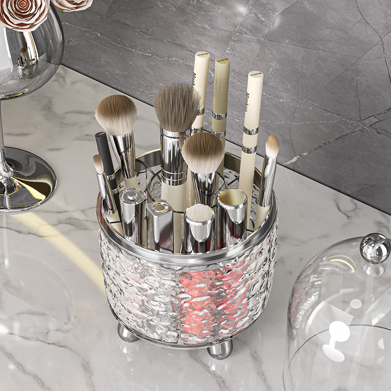 Rotating makeup brush storage bucket, light luxury transparent desktop, lipstick storage with lid, dust-proof eyebrow pencil cosmetics storage box Application Scenario