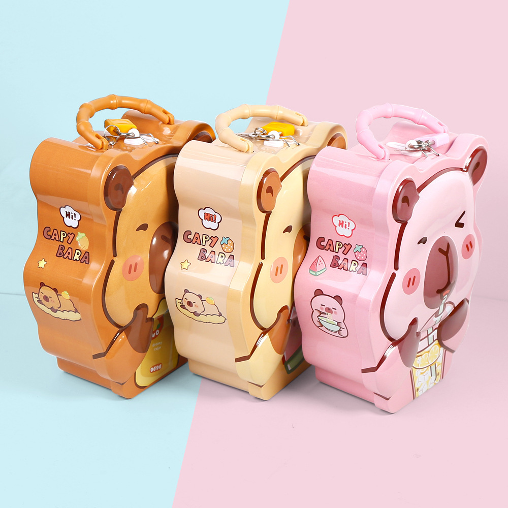 Cute and creative children's gifts: tin piggy bank with lock, student piggy bank, Capibara Capybara piggy bank Specification drawing