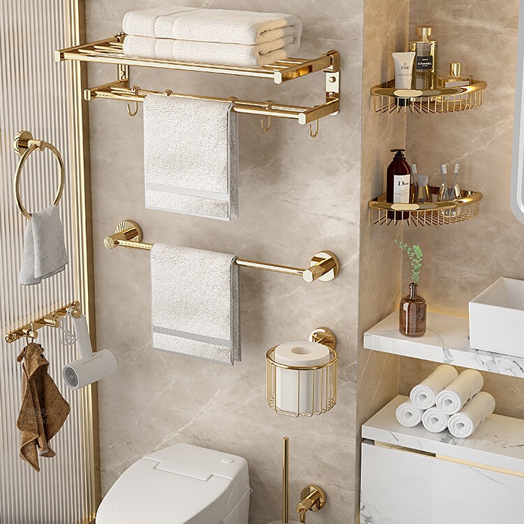 全铜浴巾架金色毛巾架轻奢壁挂式卫生间浴室折叠置物架多层毛巾杆
