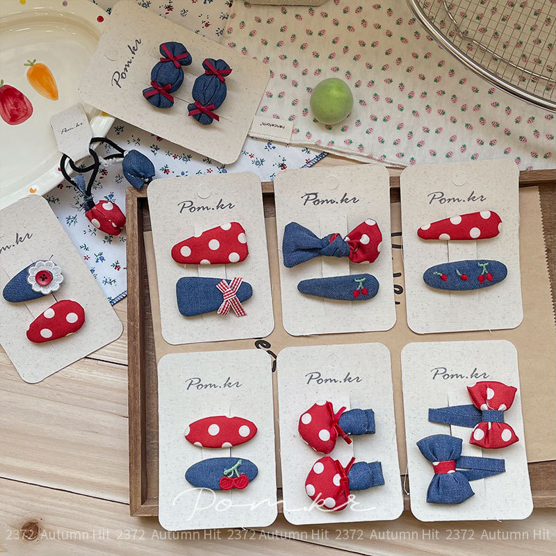 Korean red and white polka dot denim blue hair clip, bangs clip, side clip, sweet color-blocking hair accessory, mushroom cherry hair clip, Pom.kr Red polka dot denim hair accessory: cherry bow style, sweet, cool and cute, energetic for autumn and winter Specification image