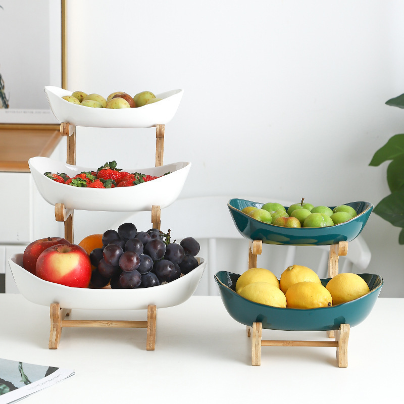 Multi-layer fruit and vegetable plate, bamboo and wood rack, ceramic creative double-layer snack and pastry plate, home living room dry storage details Picture