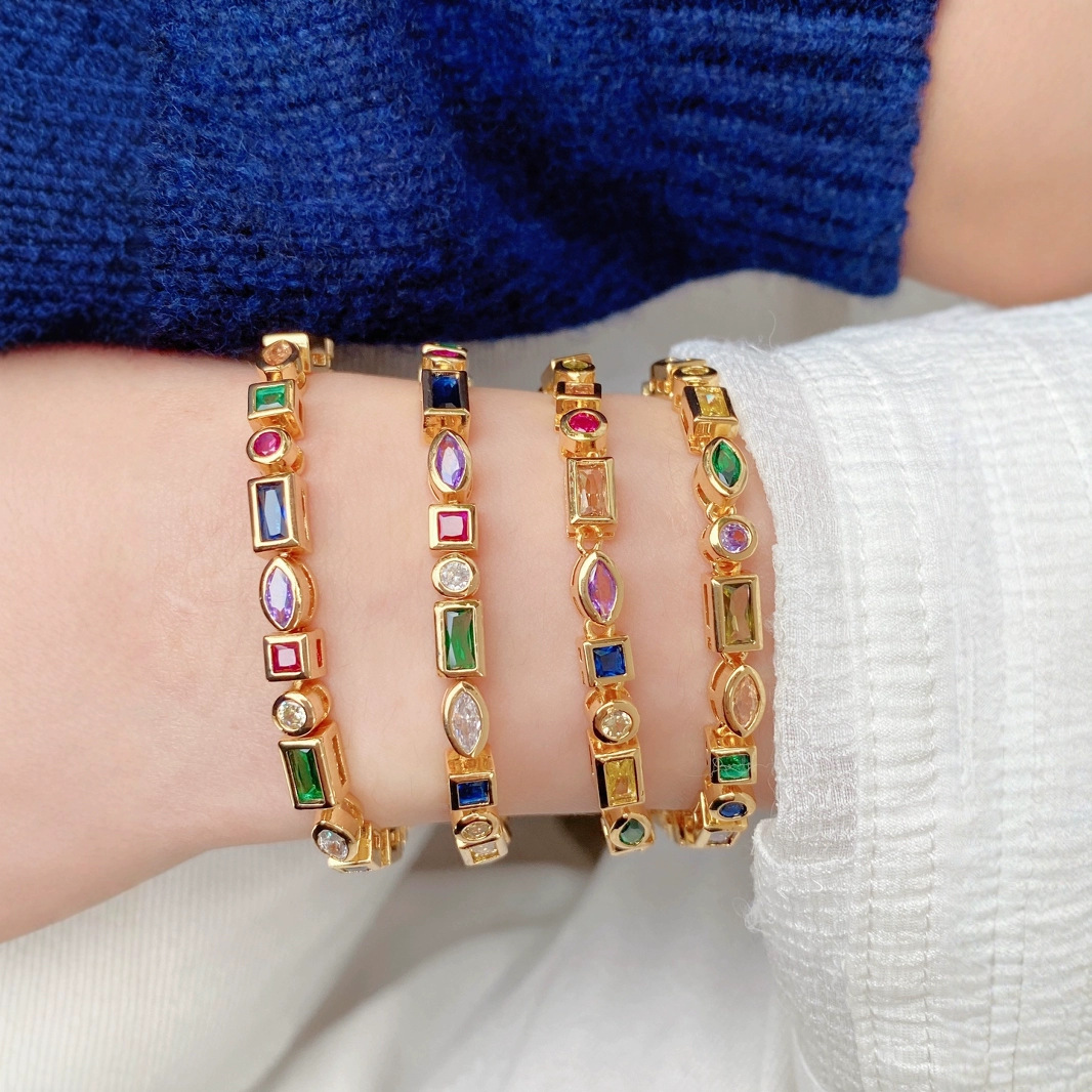 European and American simple colored zircon bracelet, micro-inlaid colored zirconium personalized hip-hop bracelet, ins collarbone chain necklace details Picture