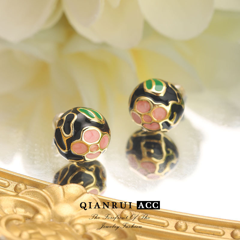 vintage accessories, colored enamel oil drip flower earrings, new Chinese oil painting hemispherical high-end ear studs