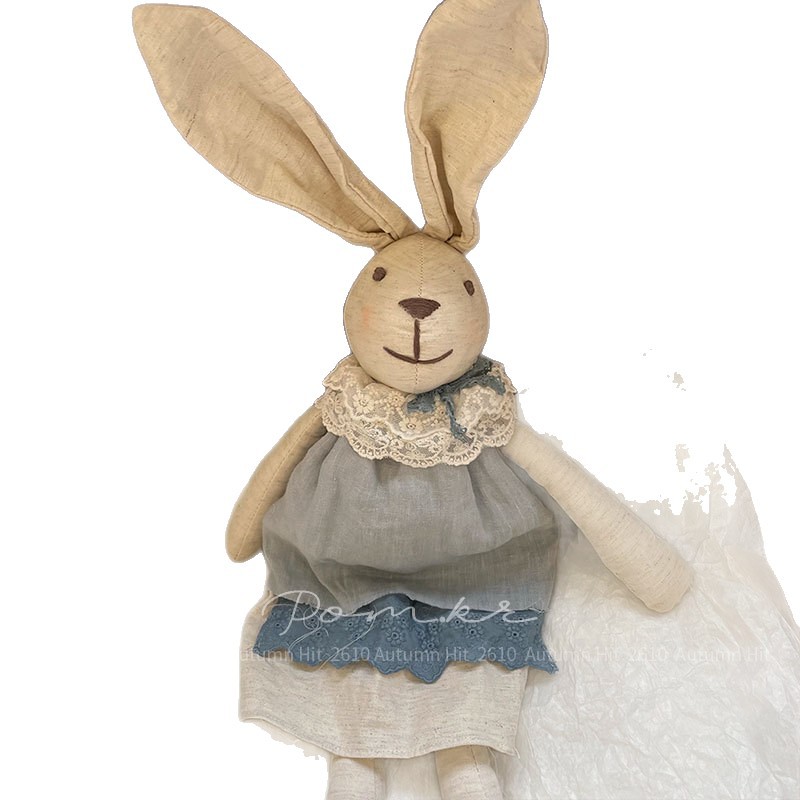 New Korean-style fabric handcrafted cotton and linen rabbit doll lace dress doll, children's soothing toy, home decoration item, women's Pom.kr, retro linen long-eared rabbit doll lace collar dress, two-color style, gentle and charming Item Picture