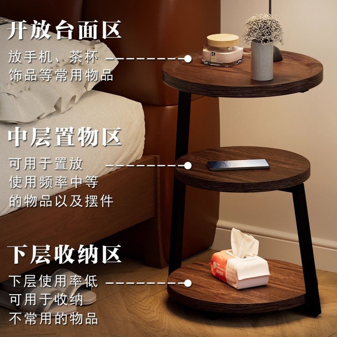 The bedside table is a small, vintage, creative round table for home use. It is a three-story bedroom bedside storage rack with a unique design sense Specification image