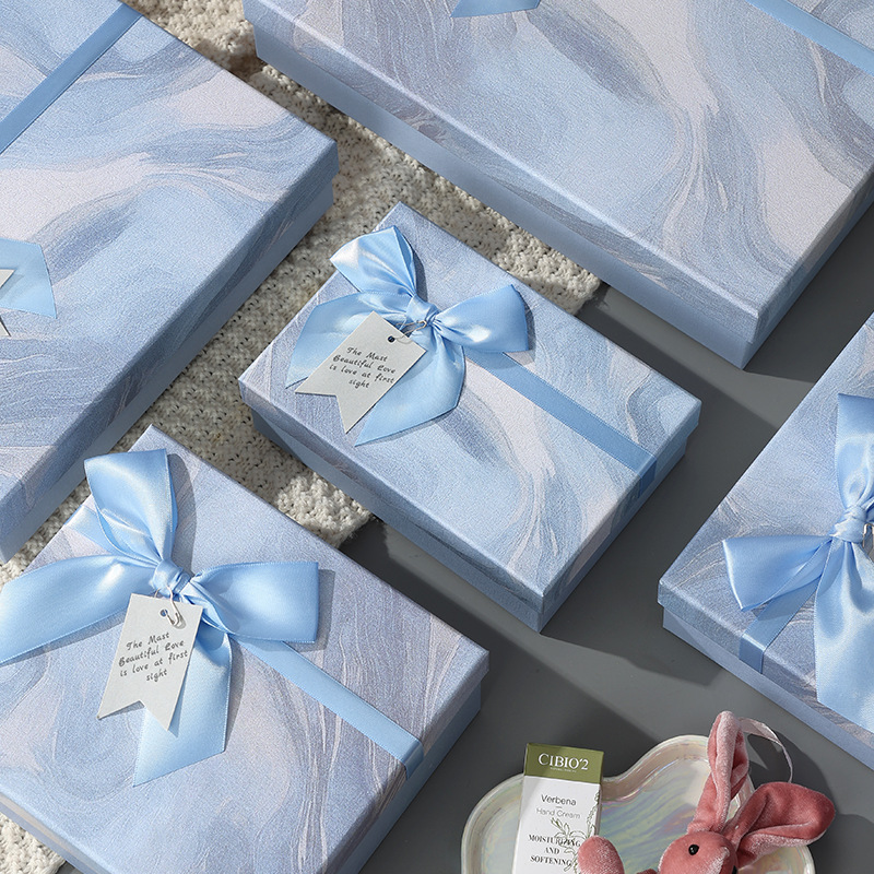 新款现货礼物盒水墨蓝蝴蝶结礼品盒长方形天地盖生日包装盒批发