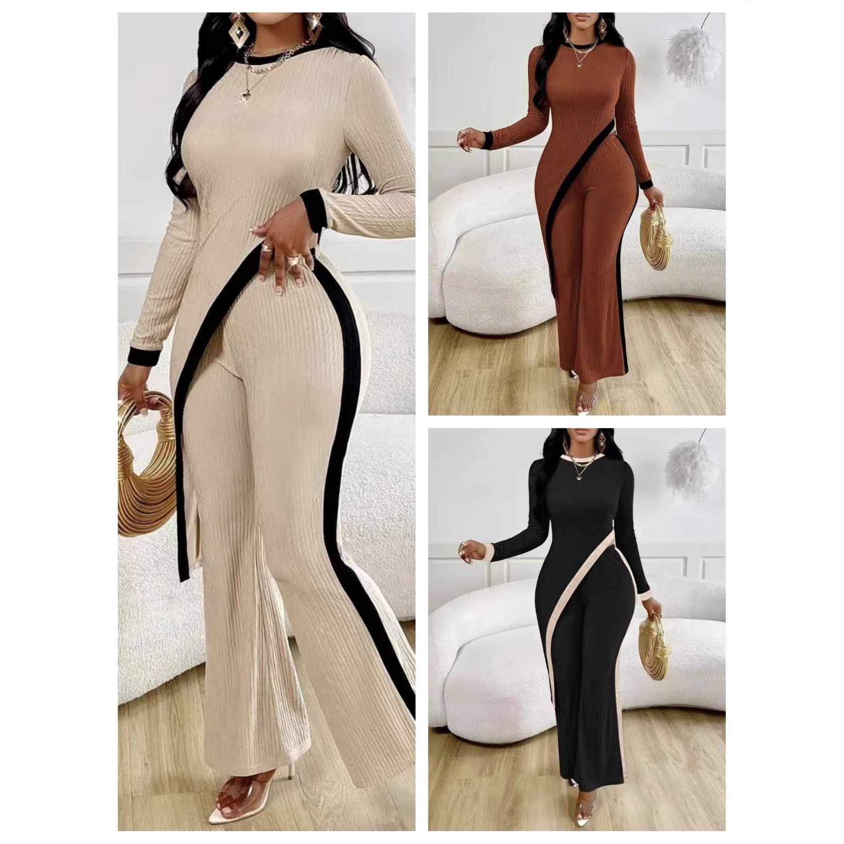 European and American cross-border 2025 Spring/Summer new women's fashion color-blocking long-sleeved side-slit T-shirt + patchwork long pants set full figure