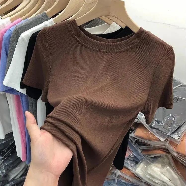纯色面膜T恤女短袖2024年夏季新款法式修身显瘦设计感打底衫上衣产品图