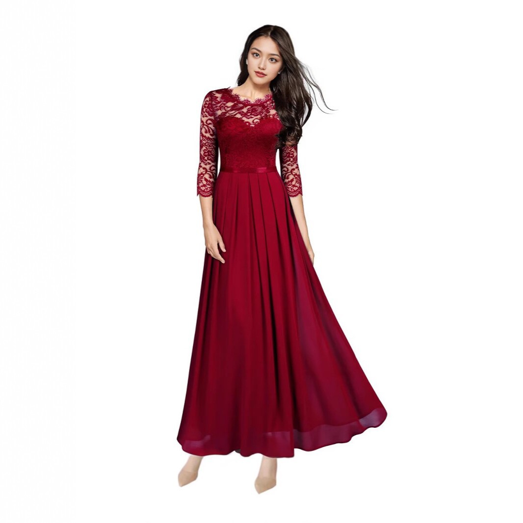 European station patchwork chiffon dress, round-neck lace long dress, evening dress for women full figure