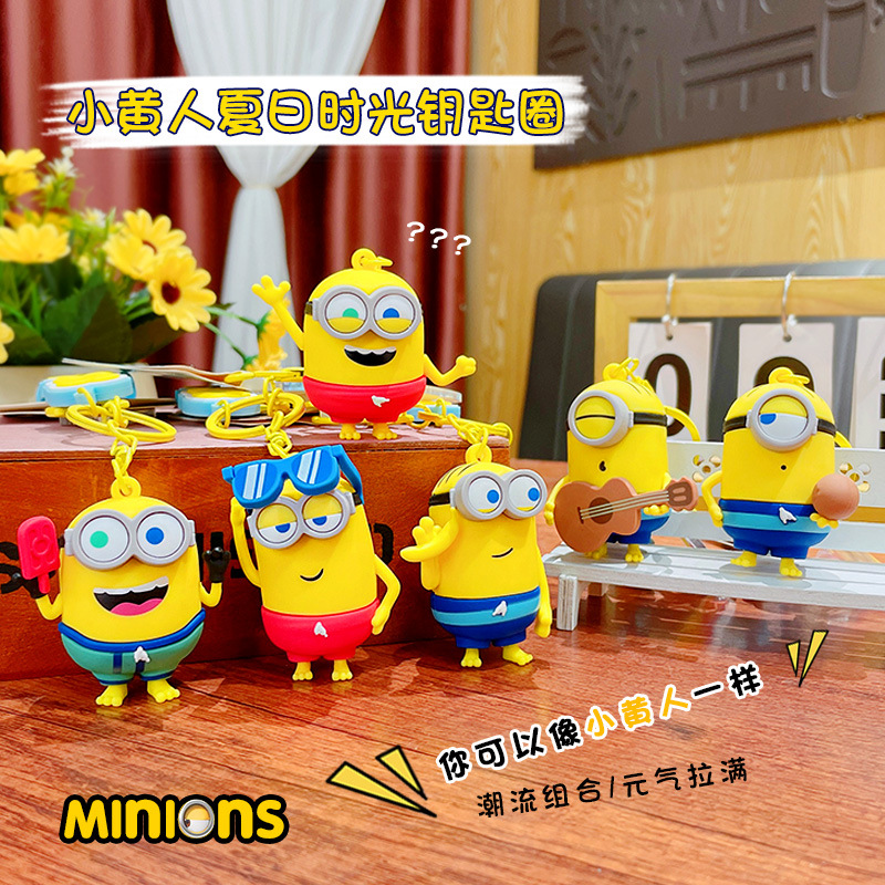Official cartoon Minions Summer Time keychains, couple cute schoolbags, pendants, figurines, key chains and small gifts details Picture