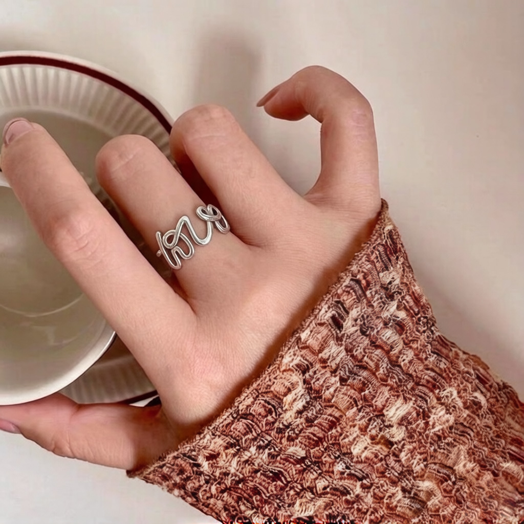 Retro LOVE ring s925 sterling silver ring, fashionable English letter ring, light luxury and high-end feel, adjustable opening