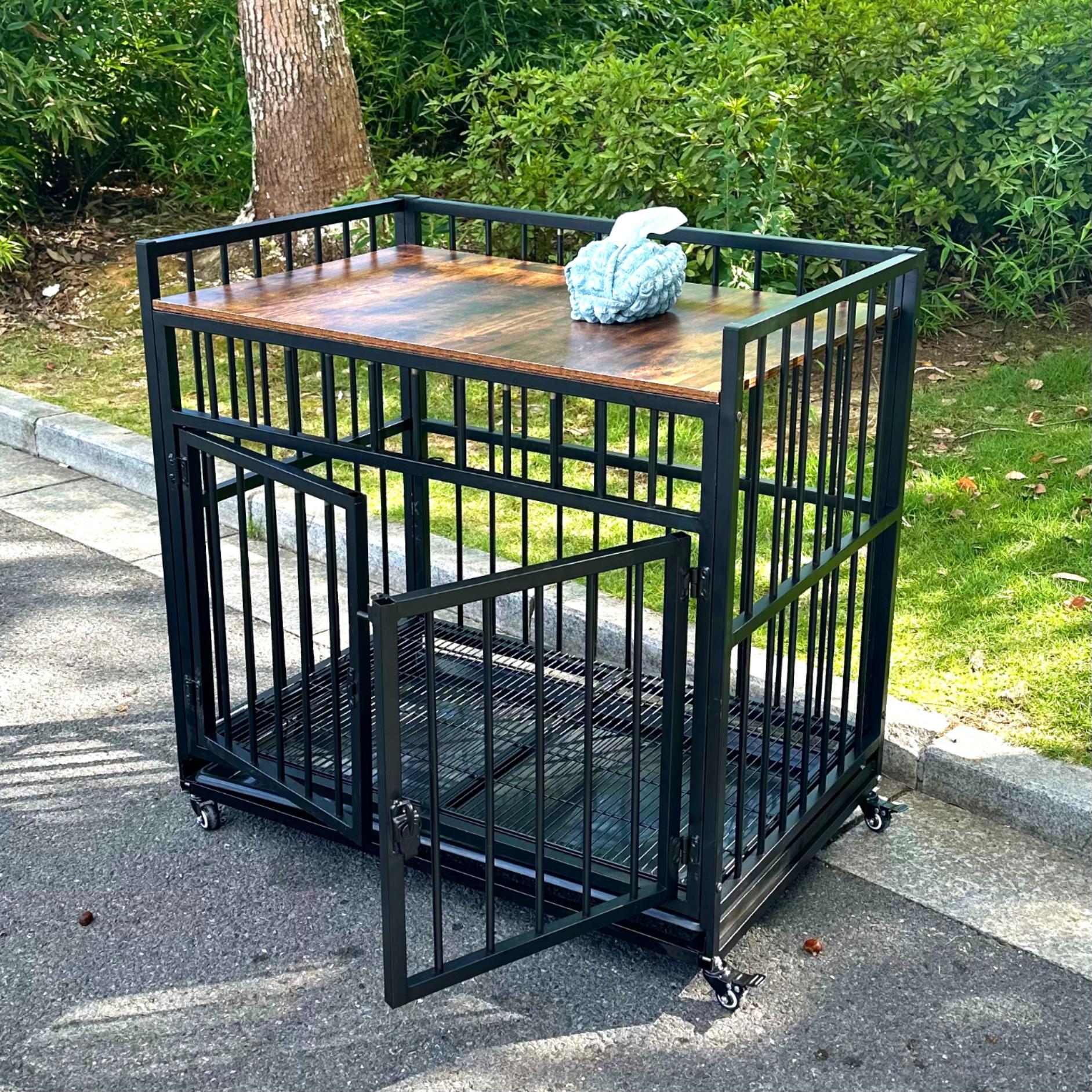 Cross-border dog cage, double-door pet cage, movable pet iron and wood combined dog cage furniture storage, dog cage factory wholesale