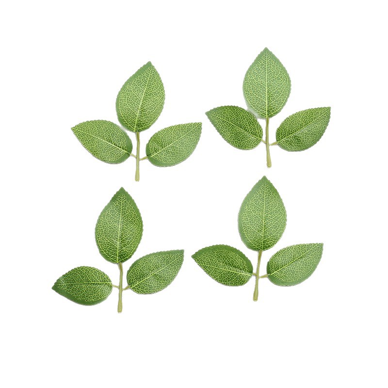 单片玫瑰叶子仿真丝印树叶绿色草婚庆插花装饰假叶子三叉叶子批发