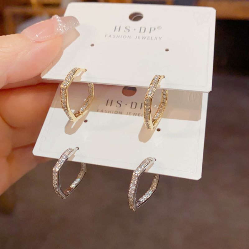 欧美个性时尚跨境满钻几何耳扣气质简约小众设计感高品质耳环批发