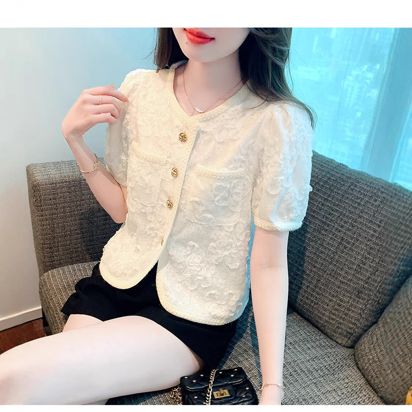 小香风圆领雪纺短袖衬衫女2025夏新款高级感蕾丝气质修身短款上衣细节图