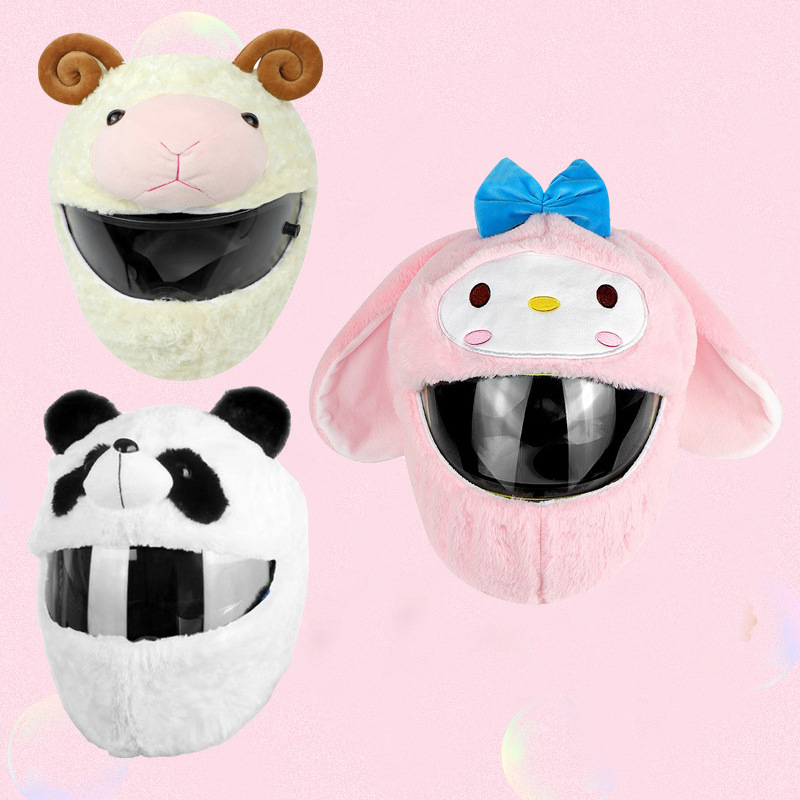 网红个性爆款机车摩托车卡通毛绒头盔套动物可爱风兔毛绒头盔套