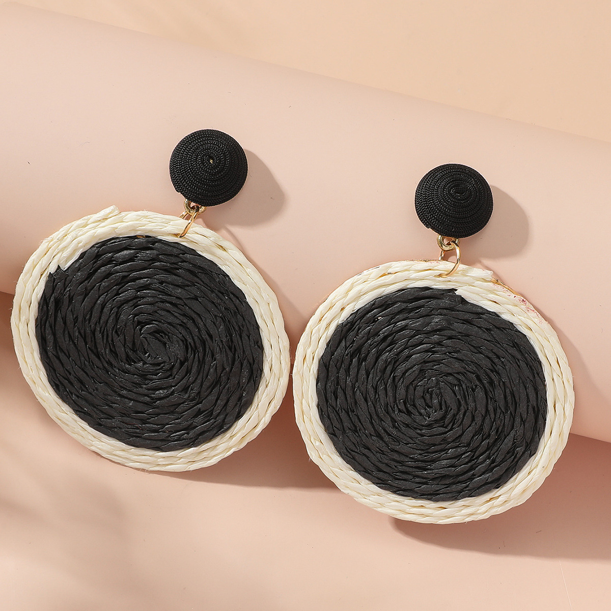 厂家直销新款拉菲草气质圆形耳环个性手工编织耳饰