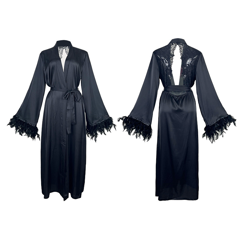 Light luxury foreign trade style fluffy fluffy decorated loose satin bathrobe, long tie V-neck bathrobe, women's home wear 809 Item Picture