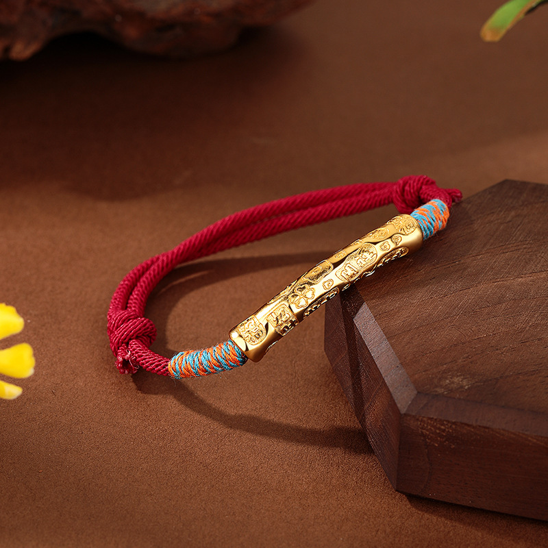 The red string bracelet is creatively woven for peace and joy. It is a copper gold-plated six-character mantra with auspicious words and a red sand Chinese style Specification drawing