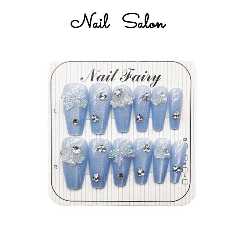 Water blue cat's eye nail patches, long diamond-encrusted camellia, handcrafted wearable nails, fashionable and sweet
