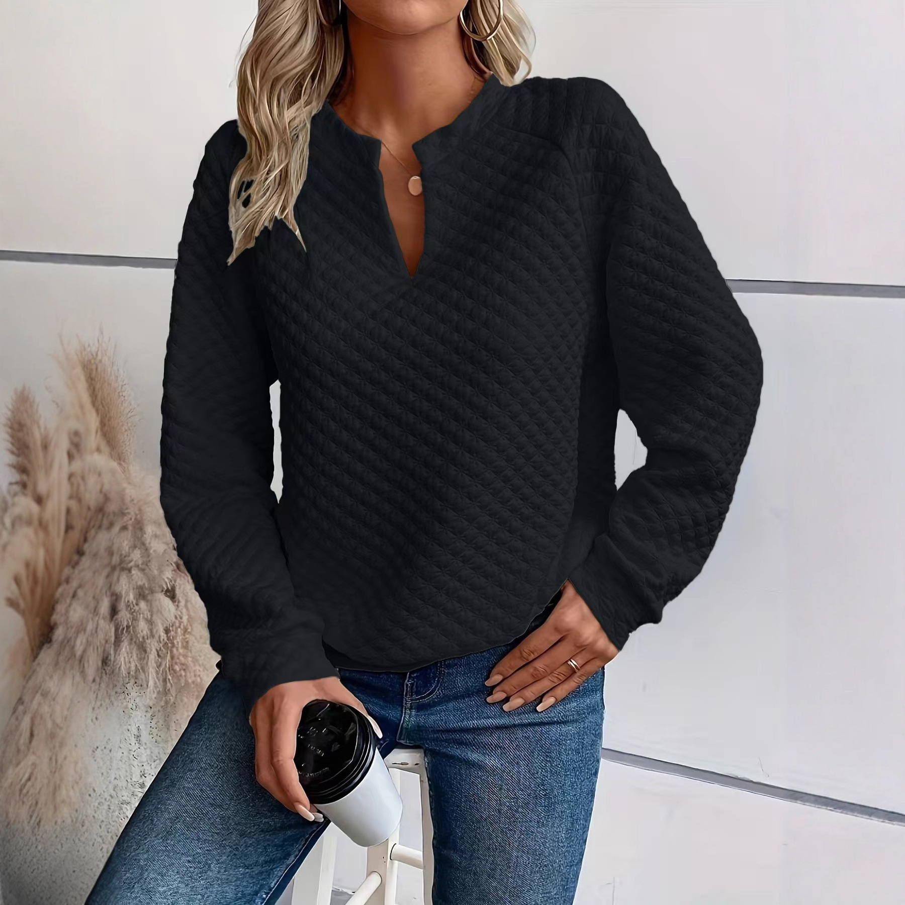Autumn new 2025 Amazon European and American cross-border women's solid color deep V-neck spliced long-sleeved women's casual hoodie Specification image