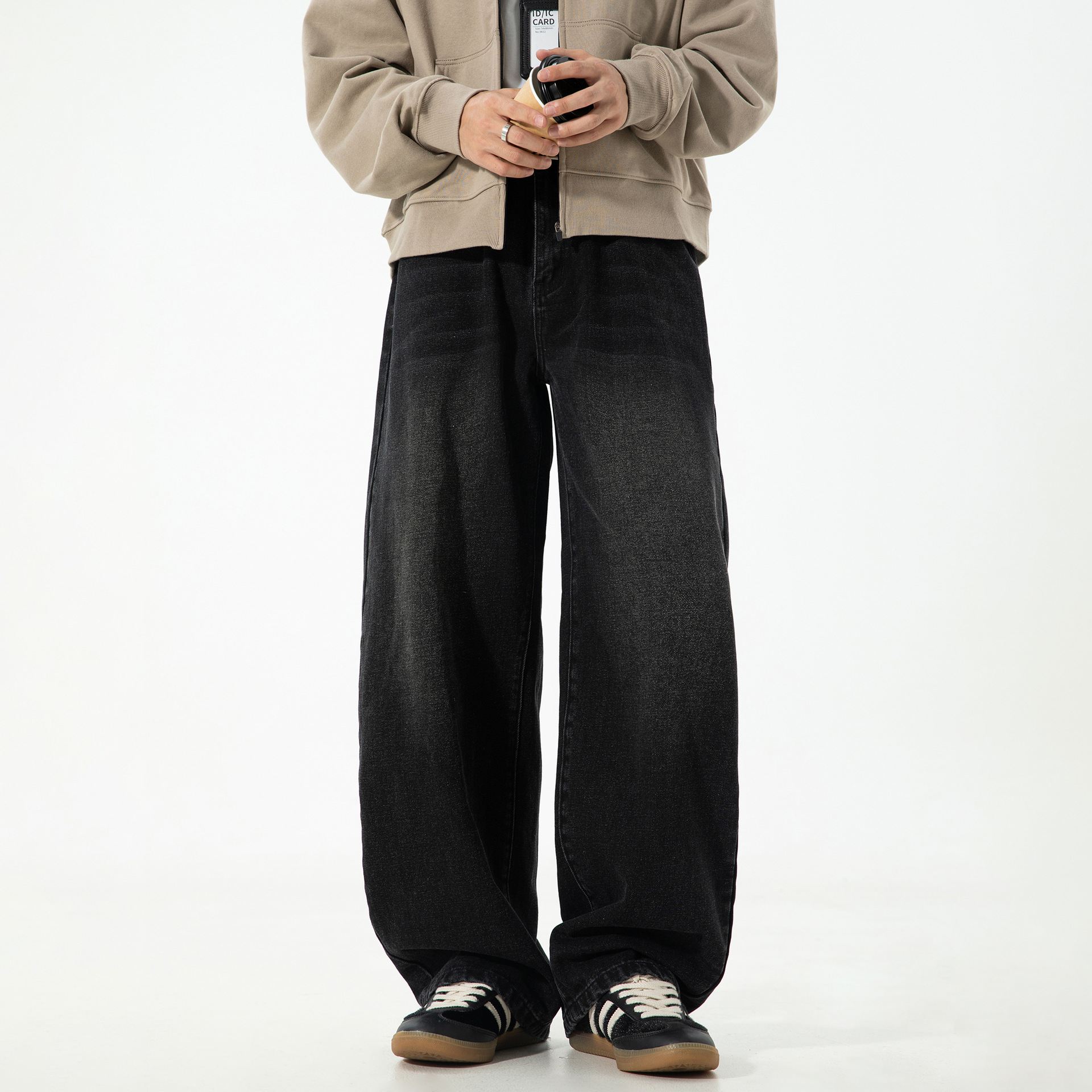 American retro silhouette jeans for men, autumn high street washed distressed trendy straight-leg pants with a loose and long texture Item Picture