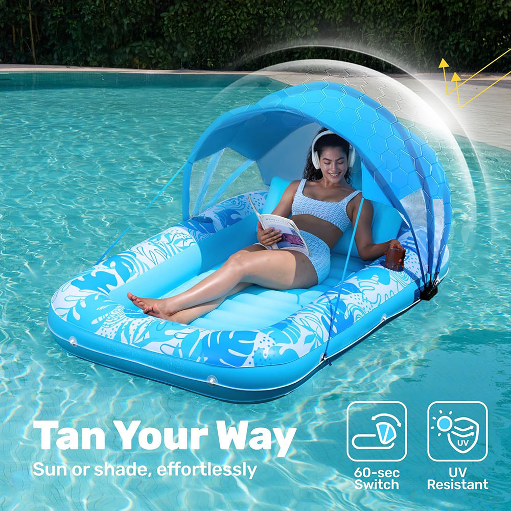 充气美黑水池阳光水池水上遮阳浮排充气躺椅户外日光浴晒黑池浮床产品图