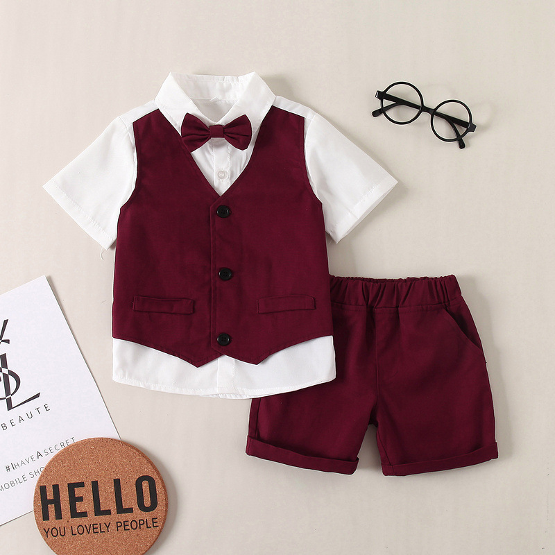 Back-to-school season boys' Korean-style small suits, summer new children's short-sleeved shirts, fake vests, graduation gowns, children's sets Specification image