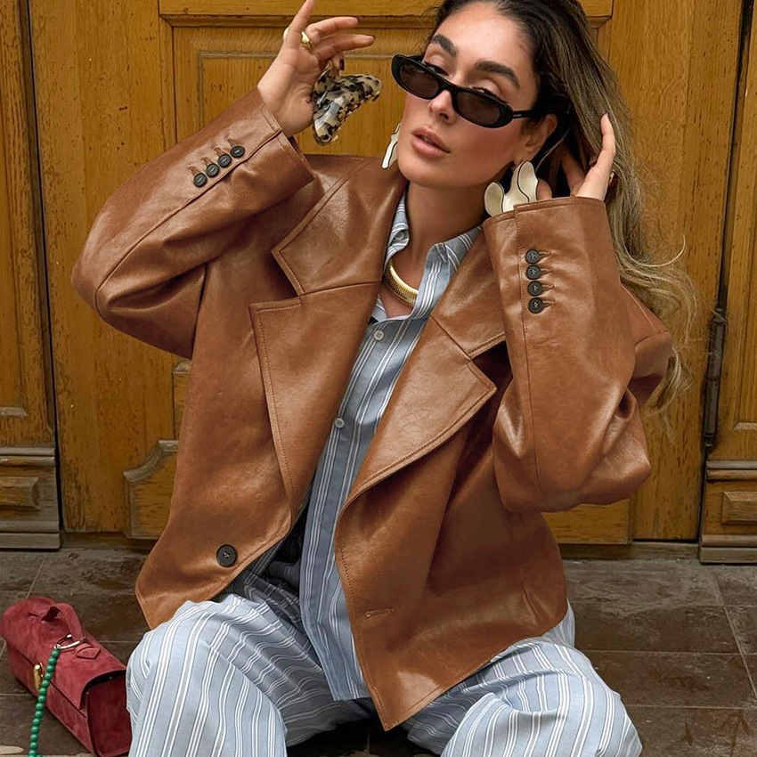 The 2025 autumn/winter new suit collar PU leather jacket is a stylish and elegant design for women, suitable for cross-border commuting to Europe and America details Picture